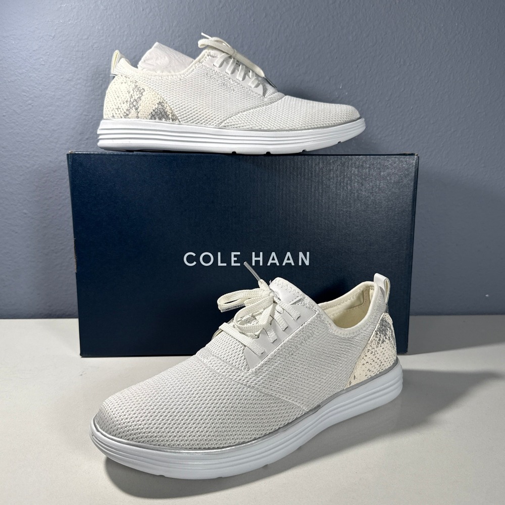 Cole Haan Grand Sport Journey Sneakers Optic‎ White Knit Snakeskin Womens 10.5